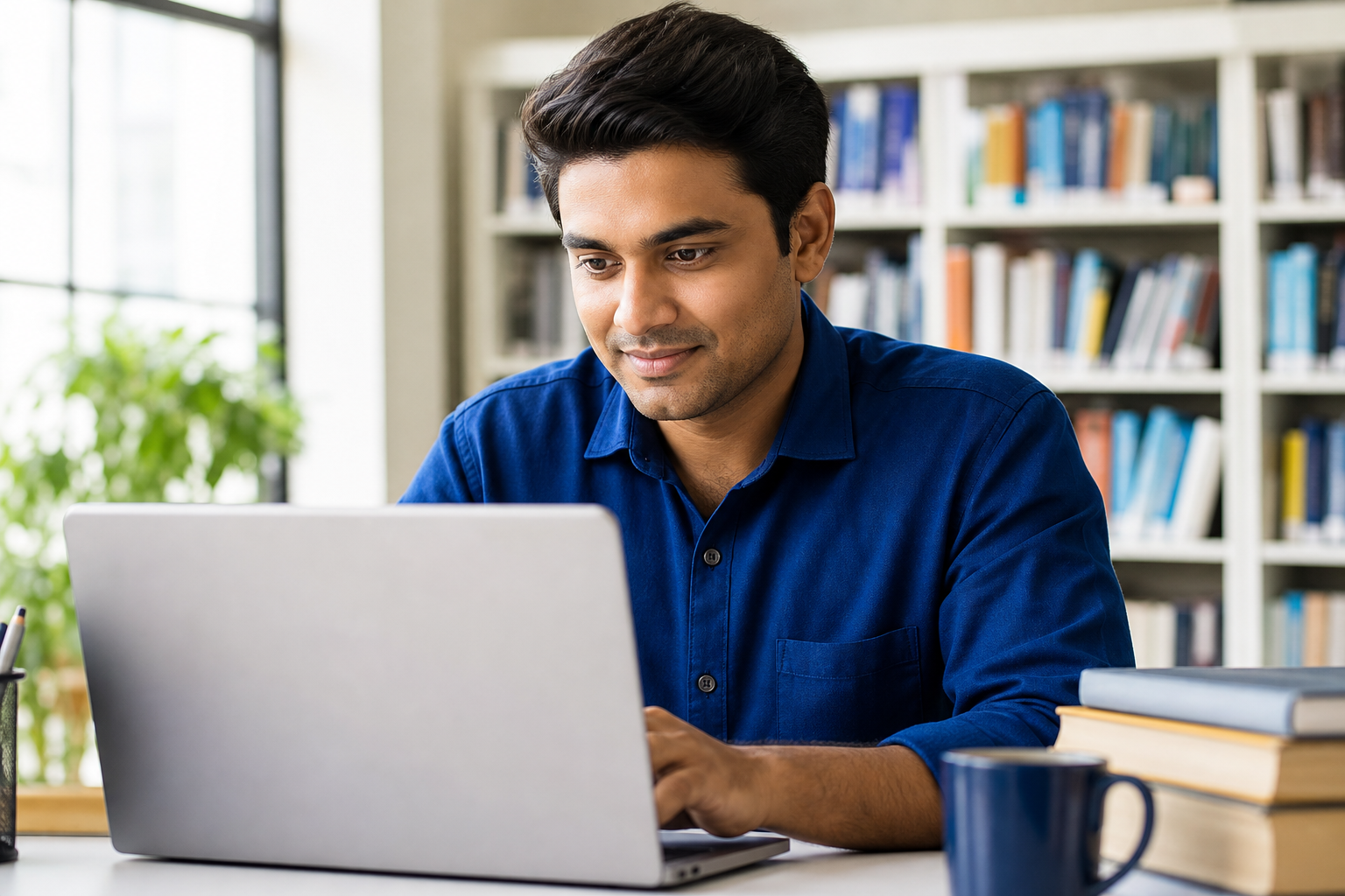 A serious adult student looking focused while studying on a laptop in a bright modern library setting