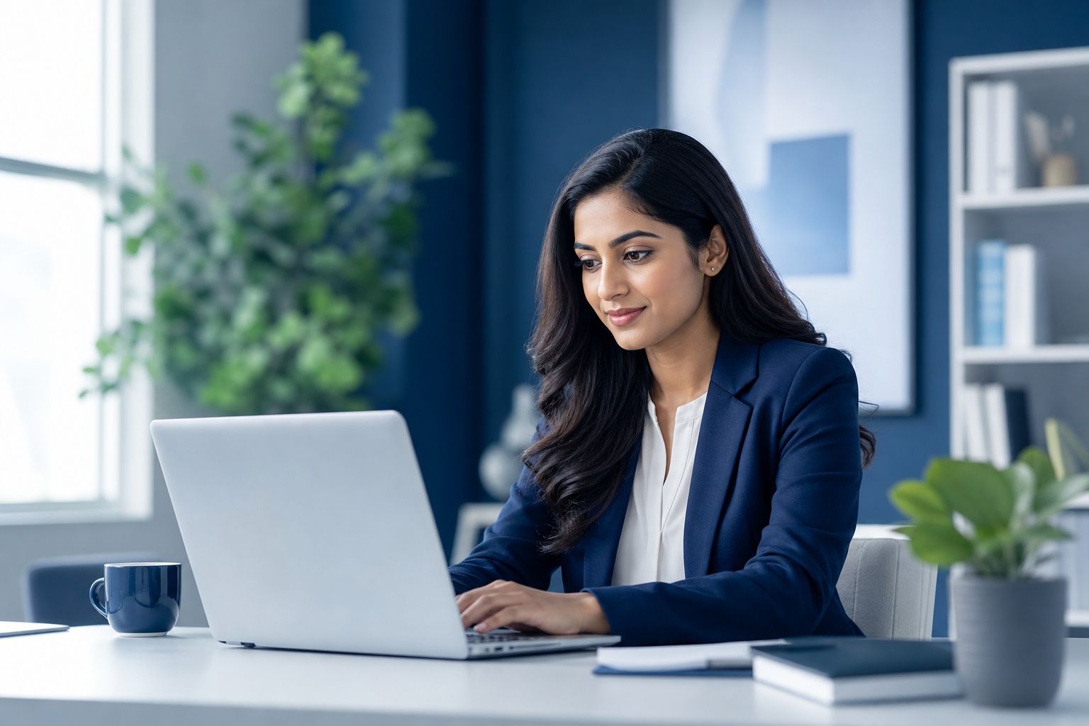 A professional woman in business casual attire working on a laptop in a clean cafe