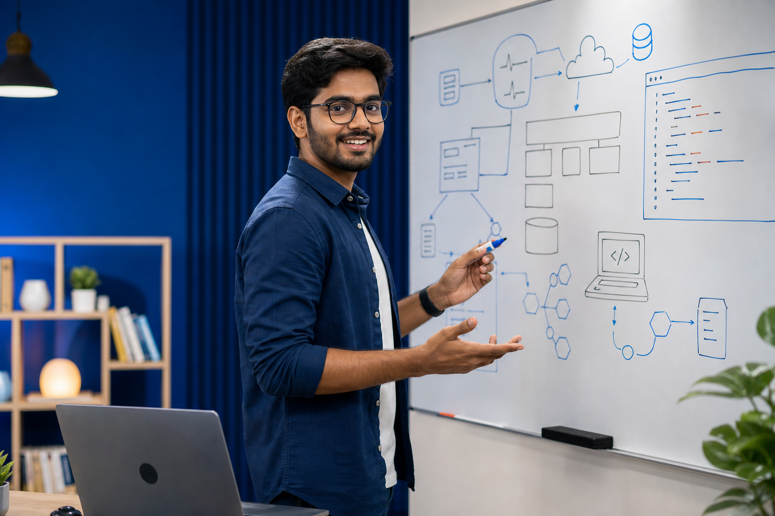 A man looking thoughtfully at a whiteboard with code and architectural diagrams
